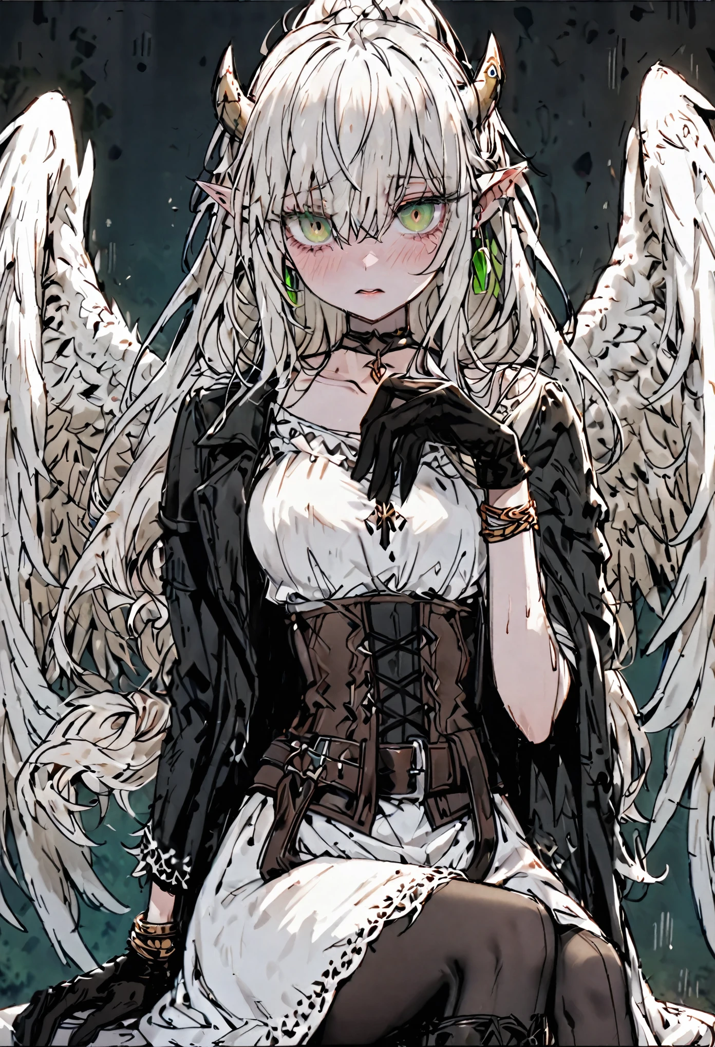 solo, female, sfw, warm, harem, medieval, harpy, large wings, wings, short, shy, dazed, unsure, emerald eyes, thick lashes, long hair, half tied ponytail hair, worn clothes, white dress, thin, shy pose, medium shot, claws, white scales on hands, ruffled feathers, blush, feather on hair, red eyes, elf ears, pantyhose, white dress, leather coat, black gloves, leather boots, ((Her left eye is hidden by her hair...)), hair over one eye, choker, masterpiece,  blouse, draconic horns , green earrings, brown corset, bracelets on her right hand, tome strapped on waist