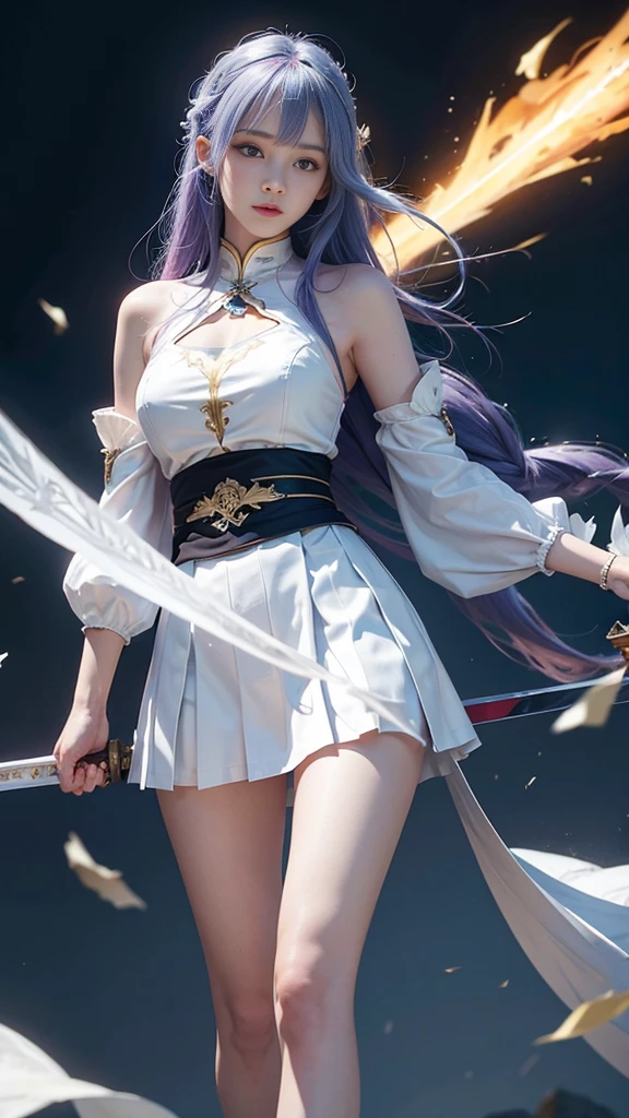 8k,Girl,Bare legs,Fair skin,skirt,Colored hair,flight,Cast magic to wear white armor,holding enormous sword