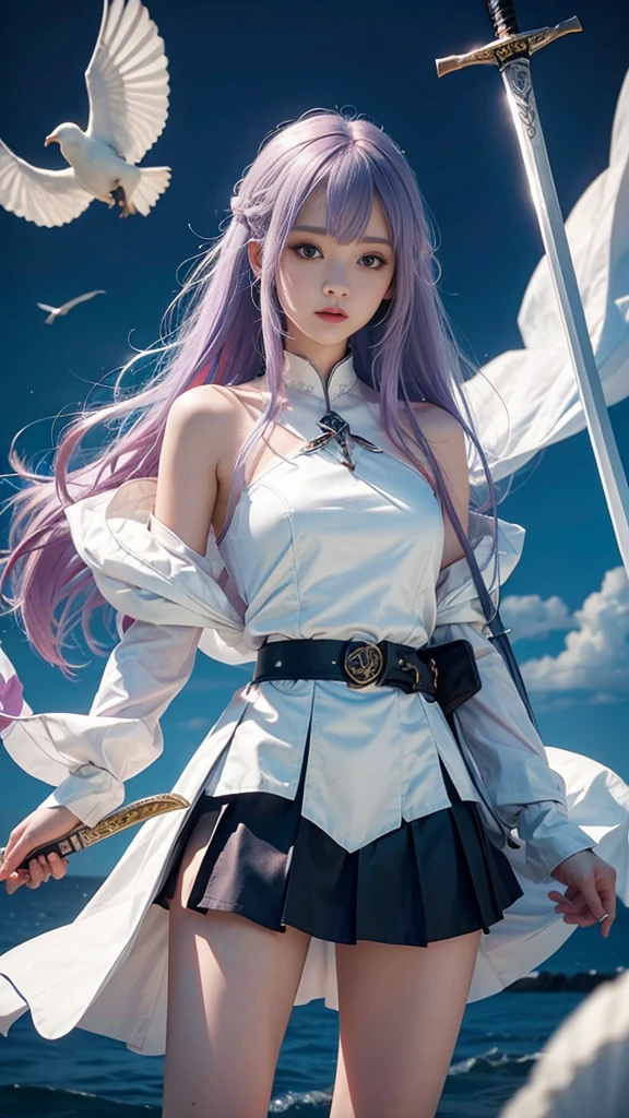 8k,Girl，Bare legs，Fair skin，skirt，Colored hair，flight，Cast magic to wear white armor，holding enormous sword