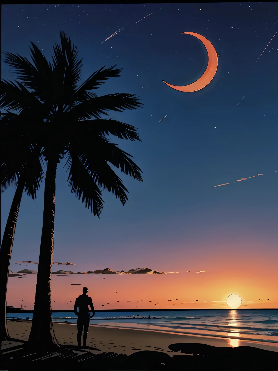 a beautiful sunset beach scene, a crescent moon in the sky, comic style, low angle