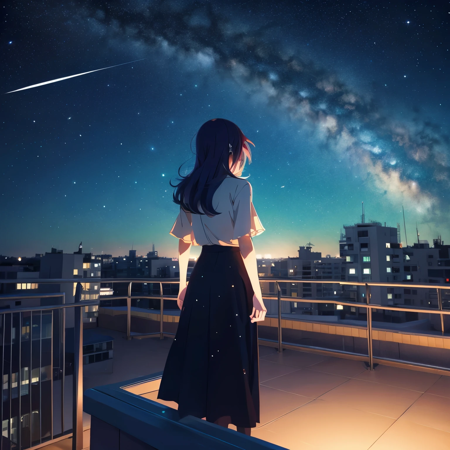 Anime girl standing on a rooftop looking at the stars and the night sky, Anime Wallpaper 4k, Anime Wallpaper 4 k, 4k Anime Wallpaper, Anime Art Wallpapers 8K, anime art wallpaper 4k, anime art wallpaper 4k, Anime Style 4k, Makoto Shinkai Cyril Rolando, 4K Manga Wallpapers, Anime Wallpaper, Awesome Wallpapers, shooting star