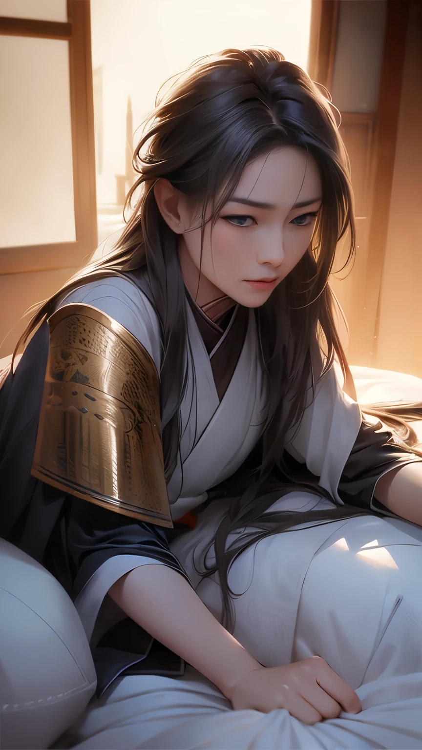 (original photo, best quality), (lifelike, Photo lifelike: 1.3), best quality, Very detailed, masterpiece, Ultra-detailed CG, complex illustration, 1 girl, dramaticangle, Grand Theater of World masterpieces, Messy long hair, best quality, Very detailed CG Unified 8K Wallpaper, ink, amazing, light, lens flare, Full body portrait: 1.2, Dunhuang-style, A strong man lying on the bed, wearing armor, A shield in your hand, Taking，High angle shot