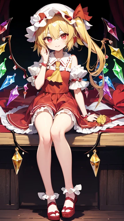 Red Moon　Red Throne　Wine glass in one hand　Sitting with legs crossed　Looking at me and laughing　Oriental Project　Flandre Scarlet　Blonde