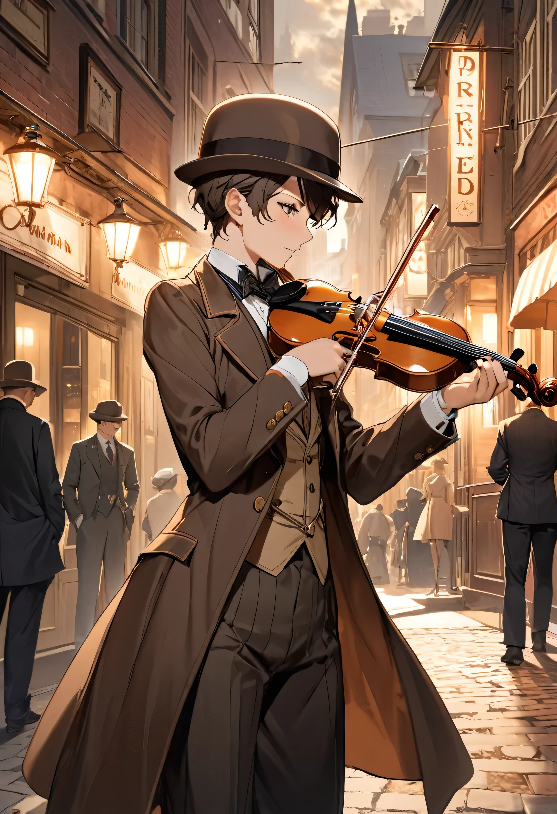 high quality,(High resolution:1.2),Incredible illustrations, (persona5) 1boy(Frock coat,slacks,Deerstalker hat)(see through))A street musician playing the violin under the gas lamps of a downtown area(Steampunk)(((sepia-toned)))
