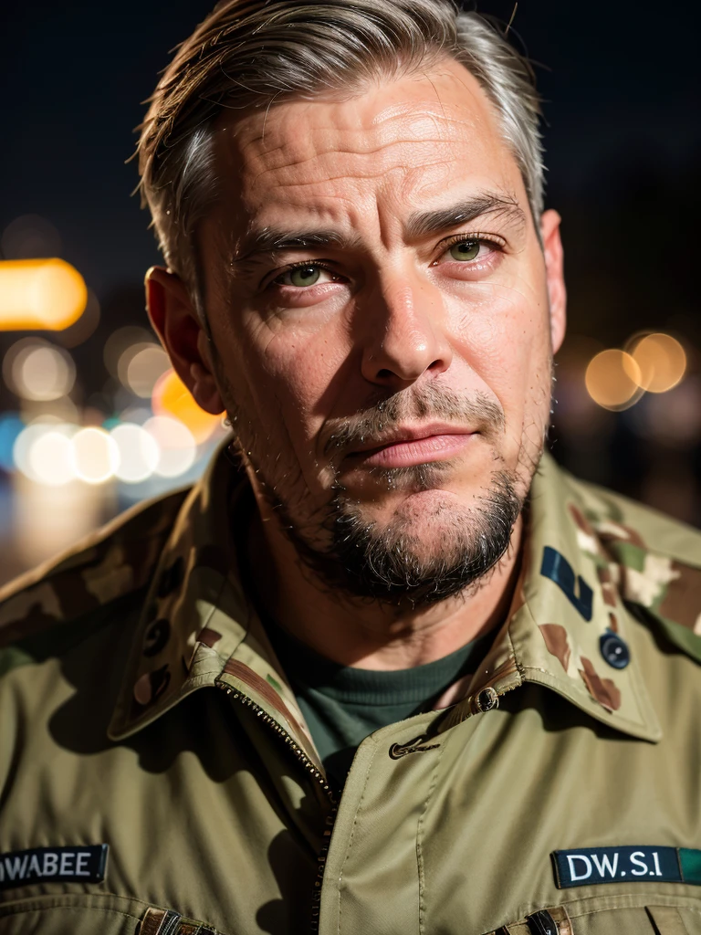 (best quality, masterpiece, highest detailed), (photorealistic:1.2), raw photo, (middle-aged man), (gray hair and beard), dressed in the military uniform of a WWII soldier, (against the background of the war: 1.3), dark photo, (night:1.3), (vibrant color), (intricate details), (dynamic angle), exposure blend, bokeh, dim light, (hdr:1.4), high contrast, (muted colors, dim colors , soothing tones:1.3), low saturation, morbid