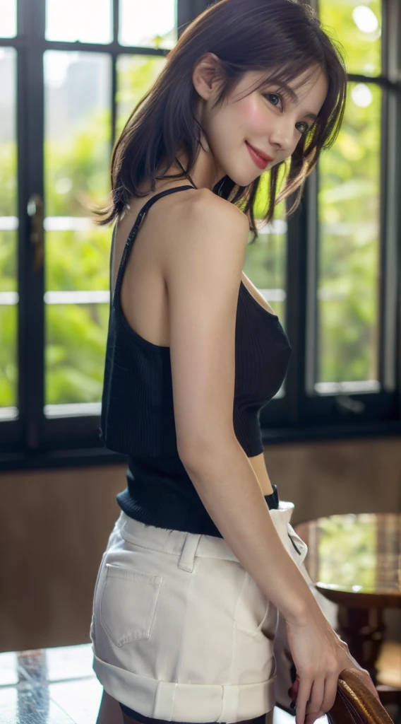 ((((Tabletop, highest quality, High resolution)))), Extremely detailed 8K, Backwards、turn around、Beautiful girl with slim body, (Ultra HD, Super detailed, Very detailed, Very realistic, Ultra-realistic, Photo Real), (One girl:1.5), Short Wavy Hair, Bobcut, (Dynamic Pose), To the camera, Light Smile, Purple eyes, (Medium Breast: 1.2), (Beautifully detailed face, Beautiful fine details), (White vest, Thin material), Cleavage, dark denim shorts, shine, Sweat, (Light of the sun, sunlight),naked,Exposed breasts