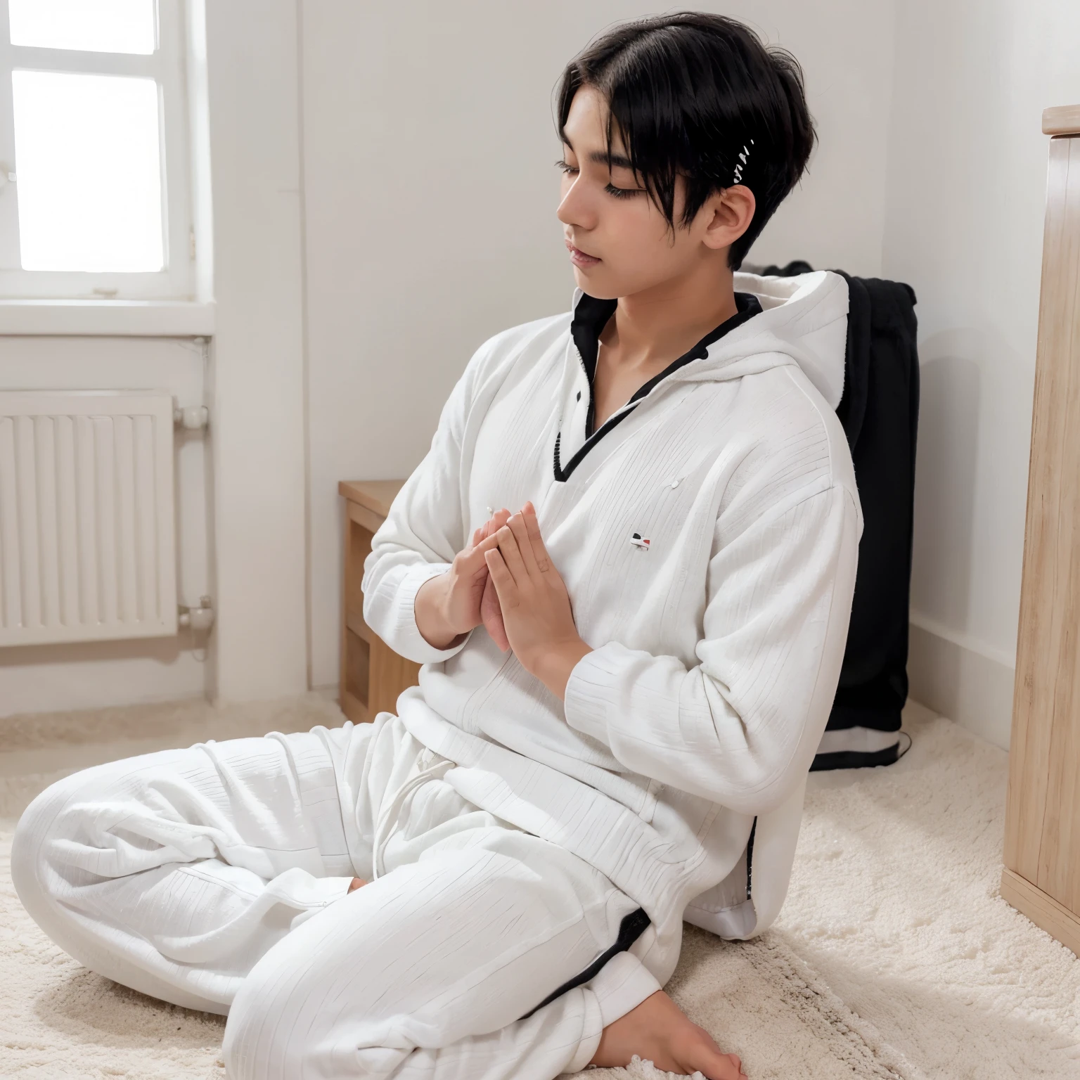 (( A cute anime boy praying dua)), ((wearing white pullover and black trouser))