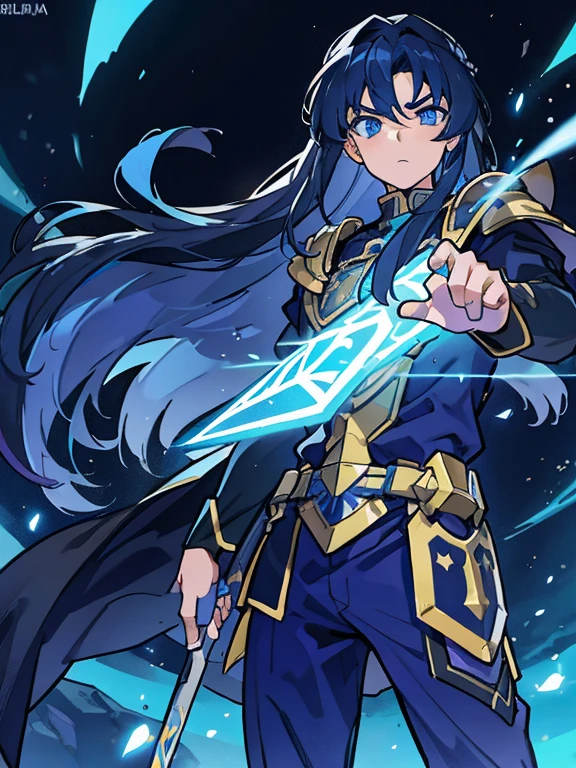 Paladin, Determined gaze, (Straight Hair,long hair), Boys, dark blue hair, blue eyes,19-year-old Boys