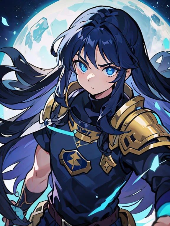 Paladin, Determined gaze, (Straight Hair,long hair), Boys, dark blue hair, blue eyes,19-year-old Boys
