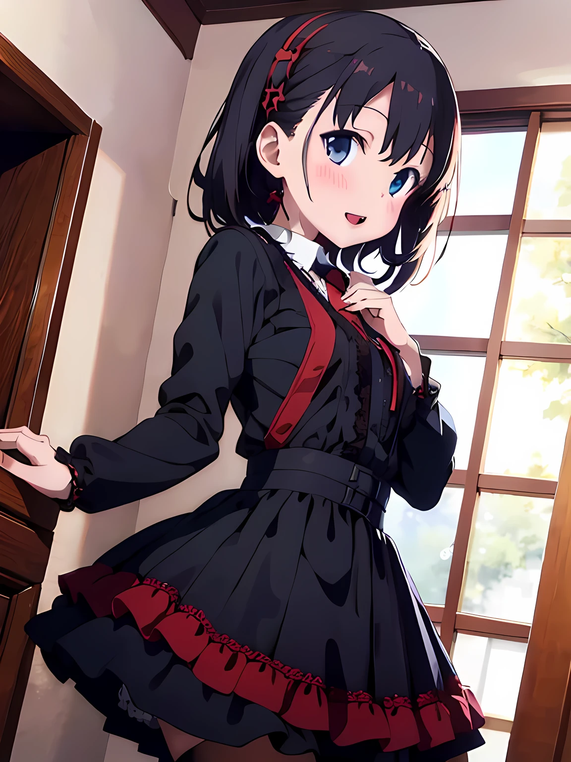 Gothic ta Kid Japan Girl – Full Body, Rich Man's Point of View
((((Masterpiece, Best Quality, High resolution)))), From the Rich Man's Perspective, 1 Girl in a classic Gothic Loliutfit, (Looking away from the viewer, eyes downcast), Pale complexion, Long black hair with red highlights, Lacey dress, Dark stockings, and Mary Jane shoes, Night setting, Indoor, dimly lit room, (Chest slightly visible due to the dress's low cut), (Breasts out: 1.0), Short black fingernails, Lipstick of dark red color, Mischievous expression, (L