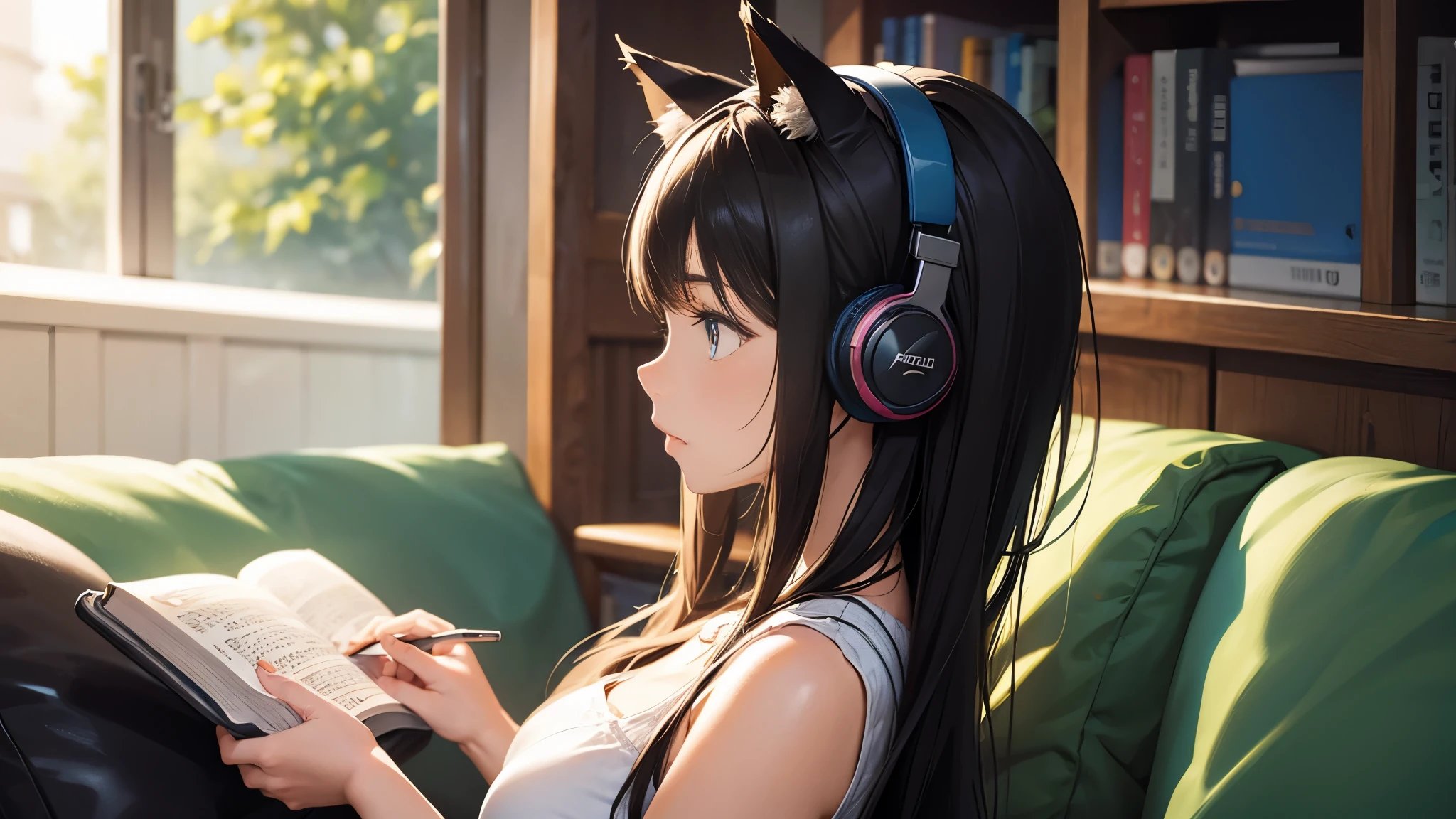 Profile of a beautiful girl with cat ears and headphones reading a book