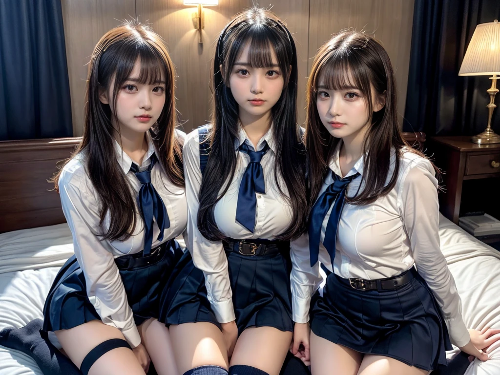 (8K, Raw photography, top-quality, masterpiece:1.2), master piece, best quality, illustration, Super detailed, fine details, High resolution, 8K,wall paper, perfect dynamic composition,(Details High quality, realistic depiction of eyes:1.3), ((2 girls, 2 schoolgirls)), The background is a luxury hotel room、High school girl uniform、blazer 、Super Short Check Uniform Skirt、Navy blue high socks、garterbelts、Colossal tits、Disturbed uniform, Play with each other,Touching each other's bodies,Touching the body of the girl next door, short bob hair, black hair color, huge breasts, Big Natural Color Lip, bold sexy pose, (perfect body shape), crying a little、cold gaze, Beautiful makeup,glitter makeup,Cutest 18 years old, beautiful legs, hposing Gravure Idol, Voluptuous thighs