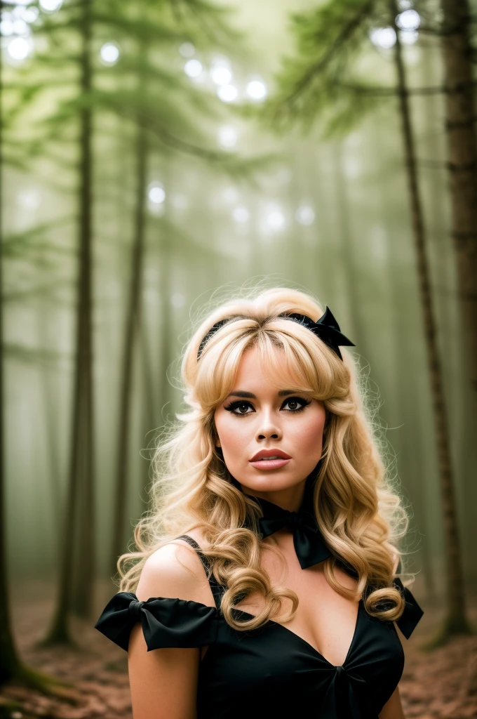 Detailed Photo of 1 bbardot woman with dark eye makeup and a black bow on her head, detailed face, Beautiful, Perfect Eyes, (highly detailed skin:1.1), perfect body, wearing a swing dress, Professional Photography, Soft Lighting, Photorealistic, Realistic, ((Fog:1.2)), ((in a Forest background)), blurred background, volumetric fog, God Rays, Bokeh, RAW, analog style, sharp focus, 8k, high res, DSLR, high quality, Fujifilm XT3, film grain, award winning, stunning