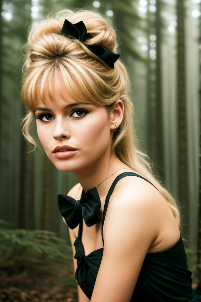 Detailed Photo of 1 bbardot woman with dark eye makeup and a black bow on her head, detailed face, Beautiful, Perfect Eyes, (highly detailed skin:1.1), perfect body, wearing a swing dress, Professional Photography, Soft Lighting, Photorealistic, Realistic, ((Fog:1.2)), ((in a Forest background)), blurred background, volumetric fog, God Rays, Bokeh, RAW, analog style, sharp focus, 8k, high res, DSLR, high quality, Fujifilm XT3, film grain, award winning, stunning