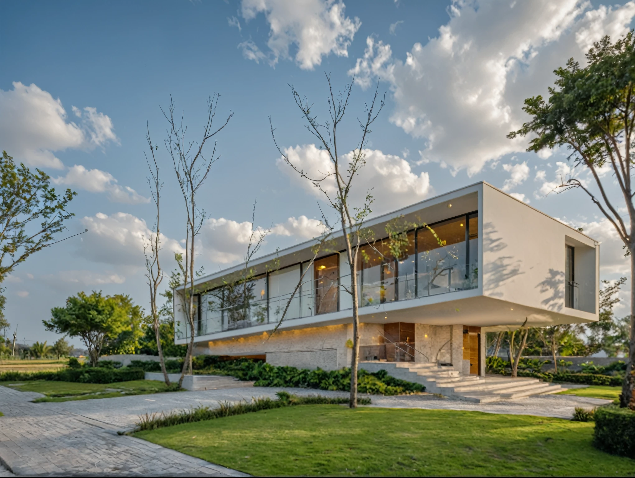 Masterpiece, high quality, best quality, authentic, super detail, outdoors, onestoreyvillaXL, aiaigroup, house style modern on the street ,stairs, white wall ,road,pavement, grass, trees, sky, cloud, (daylight:1.1)
