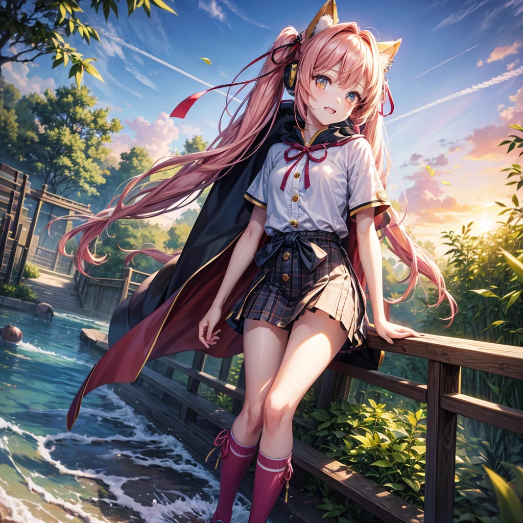 Pink Blue Gold Golden Hair、Golden Eyes、One good looking girl、Twin tails、solo、anime、Checkered mini skirt、The skirt has buttons、Red T-shirt、China、Cape、Black knee-high socks、Wearing headphones、Wearing a ribbon、Ribbon on waist、Tilting face、Teeth are visible、Sunset sky、Water Mountain、Piercing the clouds、Contrail、Tinted Glasses、tree、Touching your face、lotus leaves、canal、Cumulonimbus、bamboo forest、Prone