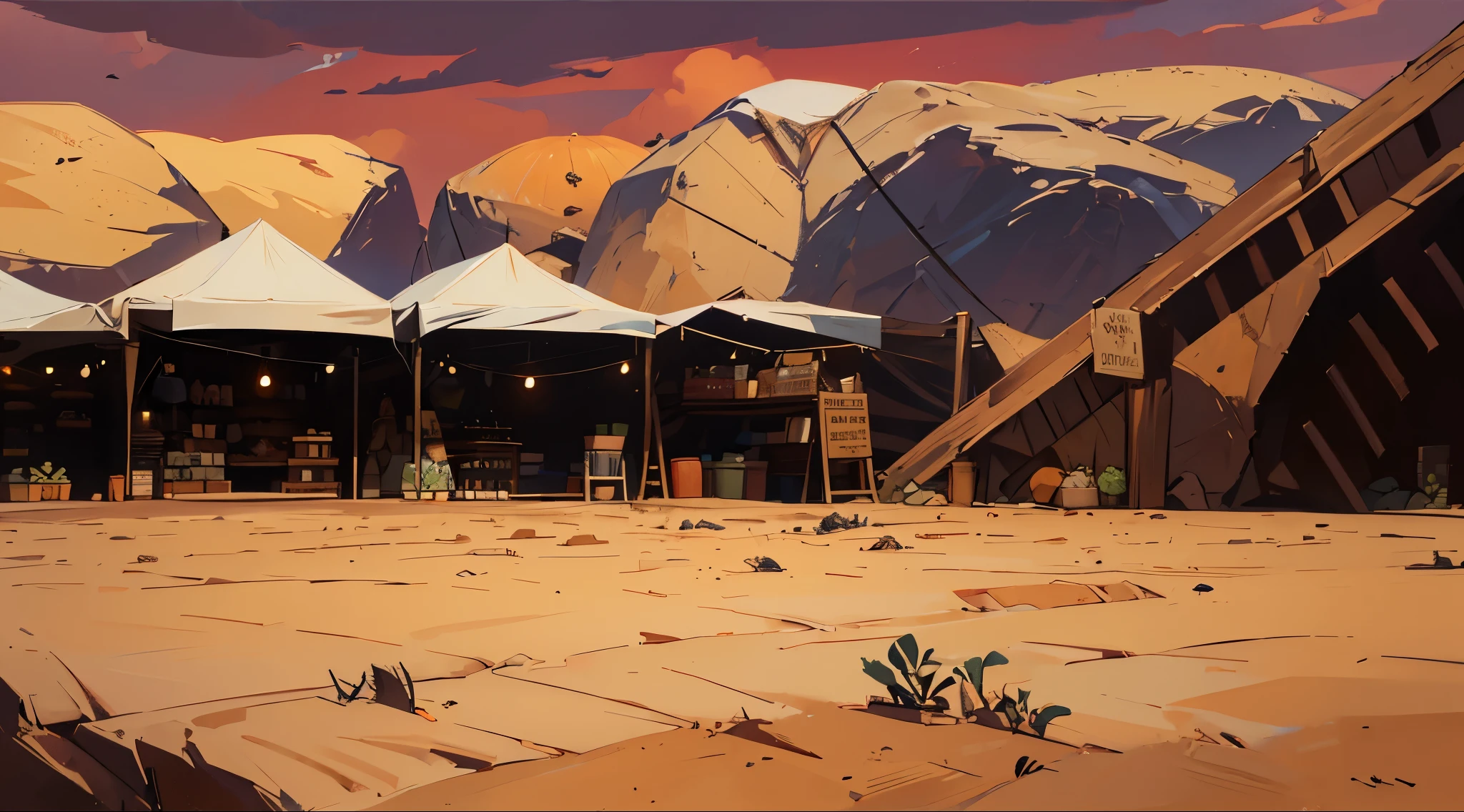 far away market tents, super giant dark rock wall behind market stalls, super wide dirt ground, cloudy dawn sky, dark morning, medieval market, selling weird foods, odd plants in the basket, animal bones, monster meat on the table, lantern, daybreak sky, clouds, dirt ground,