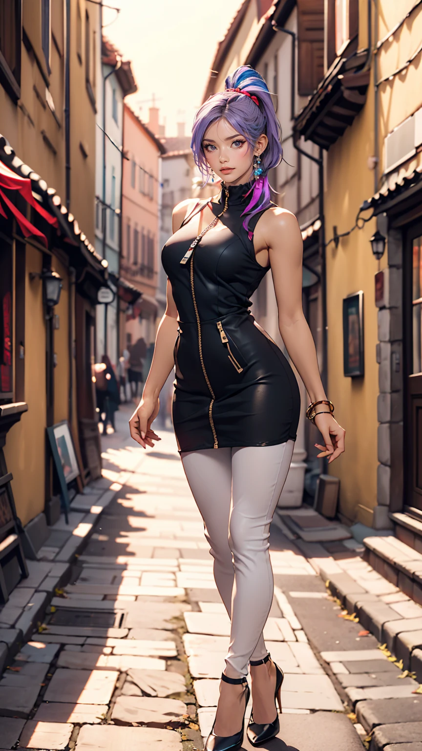 Anime characters pose on the street, Chic, realistic anime 3 d style, Realistic anime art style, 3 d anime realistic, Anime Realism Style, belly exposed, Wearing a purple sweatsuit, Anime style. 8K, Smooth Anime CG Art, anime styled 3d, photorealistic anime girl render, As an anime character、There is no vaginal opening without wearing pants.，((Vaginal opening valgus))，scratch hunger，Masturbation behavior，incontinence，Milk，Exposing the vaginal opening，Vaginal opening，Exposed ，（Nude 1.5），Vaginal opening，Vaginal opening，