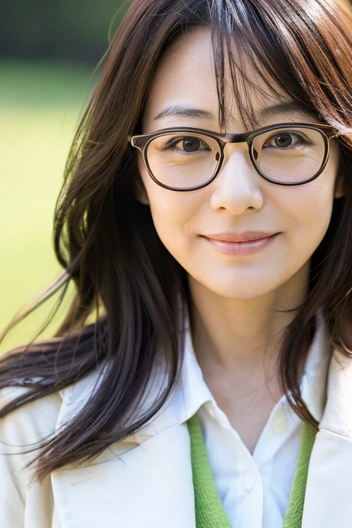 A kind-looking Japanese female counselor。Age４０Age。Wearing glasses and a white coat