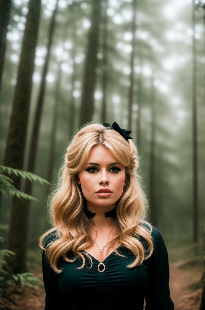 Detailed Photo of 1 bbardot woman with dark eye makeup and a black bow on her head, detailed face, Beautiful, Perfect Eyes, (highly detailed skin:1.1), perfect body, wearing a swing dress, Professional Photography, Soft Lighting, Photorealistic, Realistic, ((Fog:1.2)), ((in a Forest background)), blurred background, volumetric fog, God Rays, Bokeh, RAW, analog style, sharp focus, 8k, high res, DSLR, high quality, Fujifilm XT3, film grain, award winning, stunning