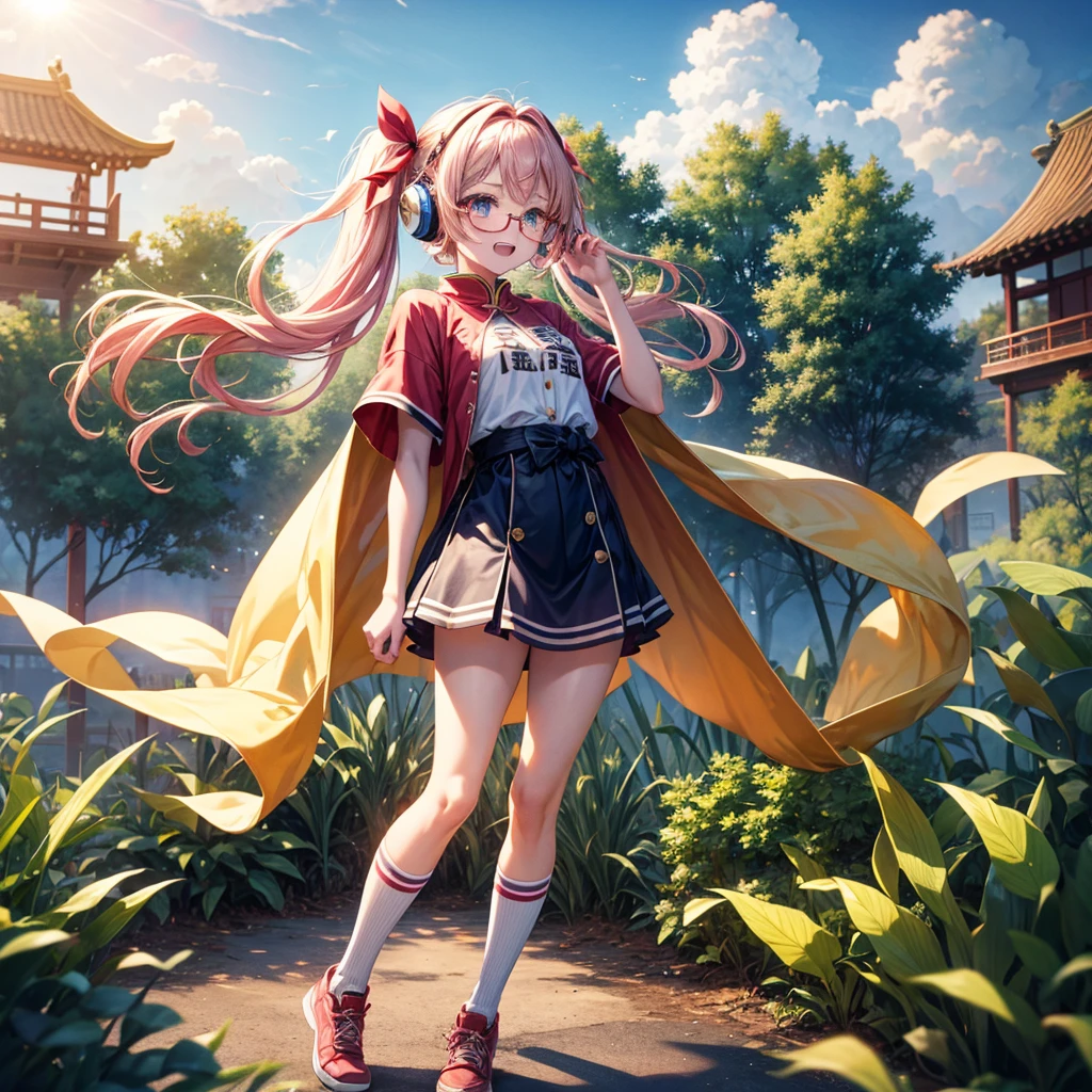 Pink Blue Gold Golden Hair、Golden Eyes、One good looking girl、Twin tails、solo、anime、Checkered mini skirt、The skirt has buttons、Red T-shirt、China、Cape、Black knee-high socks、Wearing headphones、Wearing a ribbon、Ribbon on waist、Tilting face、Teeth are visible、Sunset sky、Water Mountain、Piercing the clouds、Contrail、Tinted Glasses、tree、Touching your face、lotus leaves、canal、Cumulonimbus、bamboo forest、Prone