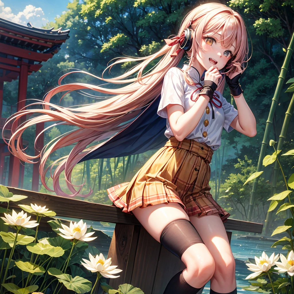 Pink Blue Gold Golden Hair、Golden Eyes、One good looking girl、Twin tails、solo、anime、Checkered mini skirt、The skirt has buttons、Red T-shirt、China、Cape、Black knee-high socks、Wearing headphones、Wearing a ribbon、Ribbon on waist、Tilting face、Teeth are visible、Sunset sky、Water Mountain、Piercing the clouds、Contrail、Tinted Glasses、tree、Touching your face、lotus leaves、canal、Cumulonimbus、bamboo forest、Prone
