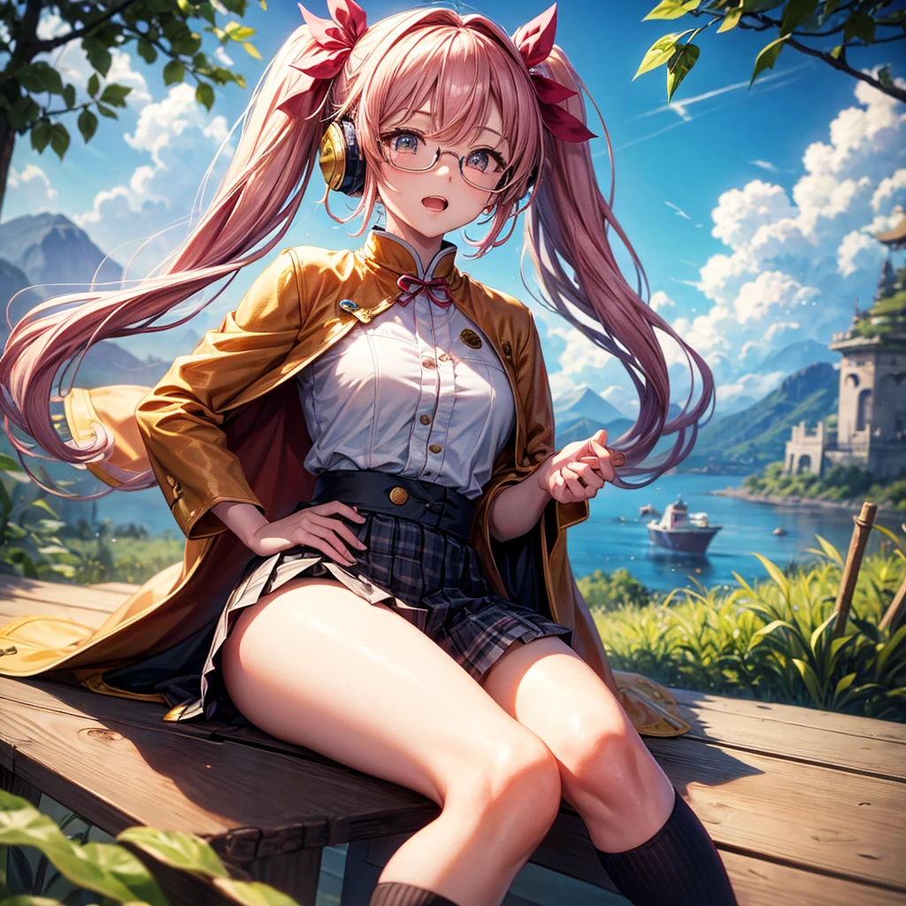 Pink Blue Gold Golden Hair、Golden Eyes、One good looking girl、Twin tails、solo、anime、Checkered mini skirt、The skirt has buttons、Red T-shirt、China、Cape、Black knee-high socks、Wearing headphones、Wearing a ribbon、Ribbon on waist、Tilting face、Teeth are visible、Sunset sky、Water Mountain、Piercing the clouds、Contrail、Tinted Glasses、tree、Touching your face、lotus leaves、canal、Cumulonimbus、bamboo forest、Prone