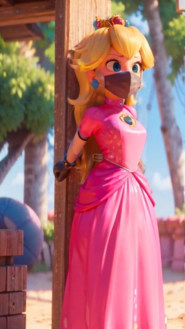 Princess Peach, solo, 1 girl, ((wearing a long hot pink dress)), huge breasts, upper body, masterpiece,8k, best quality, good hands,good eyes, pixarstyle, 1girl, solo, style,parody,3d,long hair, detail hair, blonde hair, maximum detail, intricate detail, extremely clear, beach, nsfw, smile, shy, blush, embaressed, ((long hair)), (tall girl), (solo, 1 girl), ((shibari, arms behind back : 1.4)) , ( full face otn gag mask), (full body view),((toes to head view)), ((complete body view photo)), ((standing)), Scared, (Skinny), view the viewer, ((shibari, bound arms, arms back behind:1.4)), ((tied in a wood pole)), ((wood pole)), ((tight full face latex mask)), (otn gag), gagged, (tight latex mask), (black mask), day light, ((she wears a black mask with a mouth printed on it))