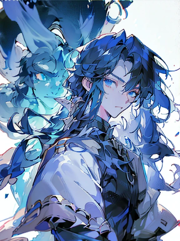 Paladin, serious gaze, (Long straight hair), , Dark blue hair, blue eyes,19-year-old male