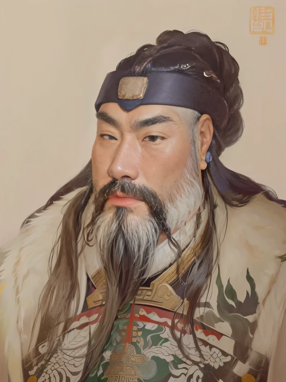 Close-up of a painting of a bearded man, Inspired by Li Cheng, inspired Emperor Xuande, Emperor Xuande, Inspired by algaebin, Inspired by Wu Bin, inspired by Wu Daozi, Inspired by Yang Buzhi, Inspired by algae, Inspired by Dong Yuan, inspired by Shen Shichong，Real skin，Clear facial details