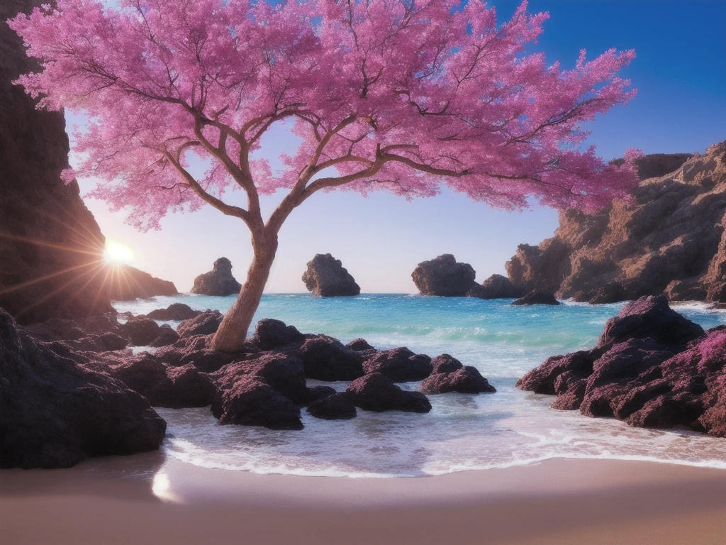 Amazing pink tree on the rocks on the beach, A realistic depiction style of light, aisle, Art inspired by faith, Light-filled scene, immersive environments, Floral and natural motifs