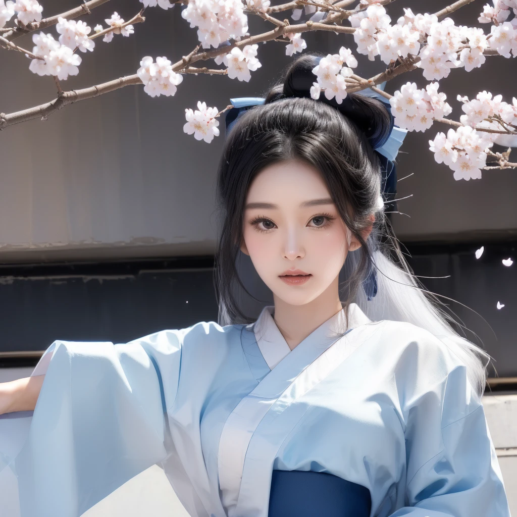 cat girl, black hair, white kimono, Blue Hakama, cherry blossom petals falling