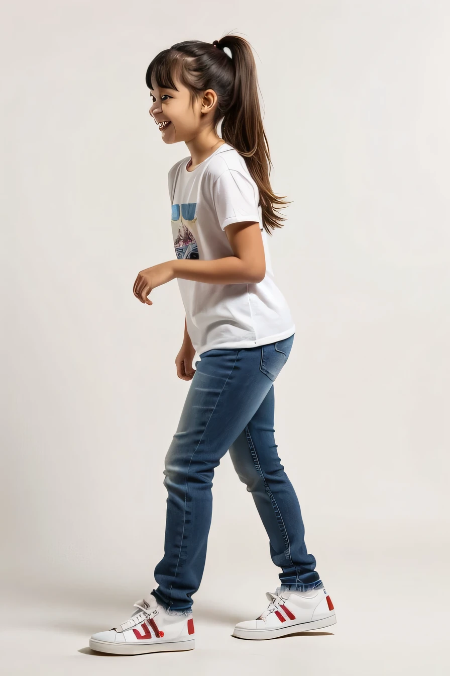 Wearing jeans、Have a skateboard、Congressman walking on white background, (15Year old girl:1.66) ,(Black Hair,(Flat Chest:1.37),(smile:1.37), (White sneakers)Profile of a girl walking, Full body cute young woman, Side view of her taking a step, Standing girl, Cute Girl's, Go right, Full body image, Looking into the camera