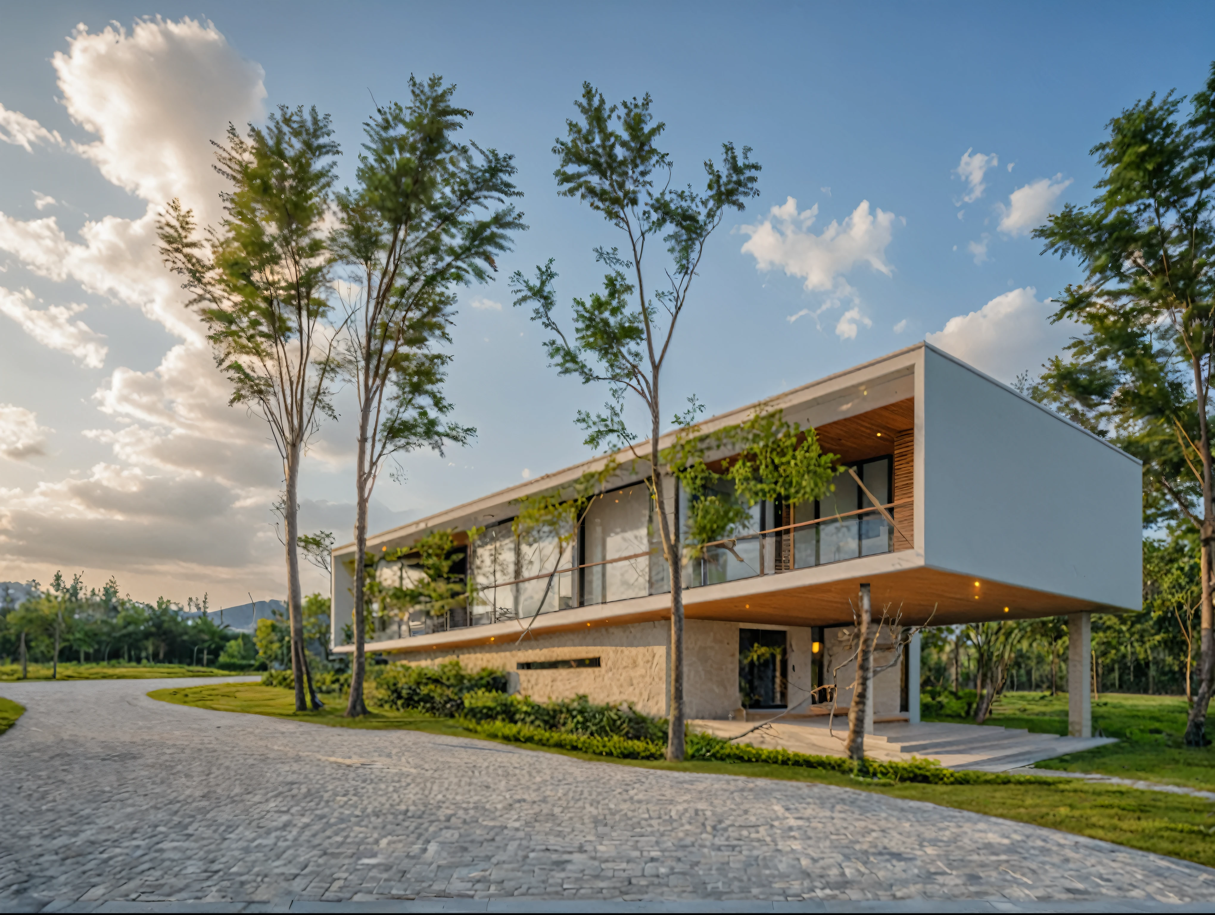 Masterpiece, high quality, best quality, authentic, super detail, outdoors, onestoreyvillaXL, aiaigroup, house style modern on the street ,stairs, white wall ,road,pavement, grass, trees, sky, cloud, (daylight:1.1)