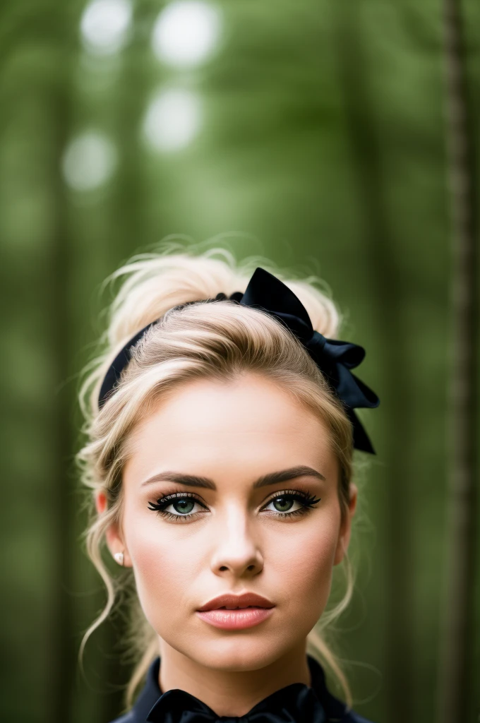 Detailed Photo of 1 bbardot woman with dark eye makeup and a black bow on her head, detailed face, Beautiful, Perfect Eyes, (highly detailed skin:1.1), perfect body, wearing a swing dress, Professional Photography, Soft Lighting, Photorealistic, Realistic, ((Fog:1.2)), ((in a Forest background)), blurred background, volumetric fog, God Rays, Bokeh, RAW, analog style, sharp focus, 8k, high res, DSLR, high quality, Fujifilm XT3, film grain, award winning, stunning