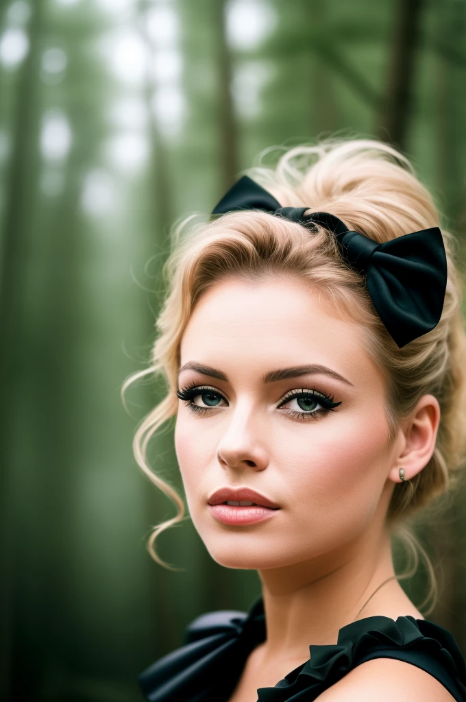 Detailed Photo of 1 bbardot woman with dark eye makeup and a black bow on her head, detailed face, Beautiful, Perfect Eyes, (highly detailed skin:1.1), perfect body, wearing a swing dress, Professional Photography, Soft Lighting, Photorealistic, Realistic, ((Fog:1.2)), ((in a Forest background)), blurred background, volumetric fog, God Rays, Bokeh, RAW, analog style, sharp focus, 8k, high res, DSLR, high quality, Fujifilm XT3, film grain, award winning, stunning