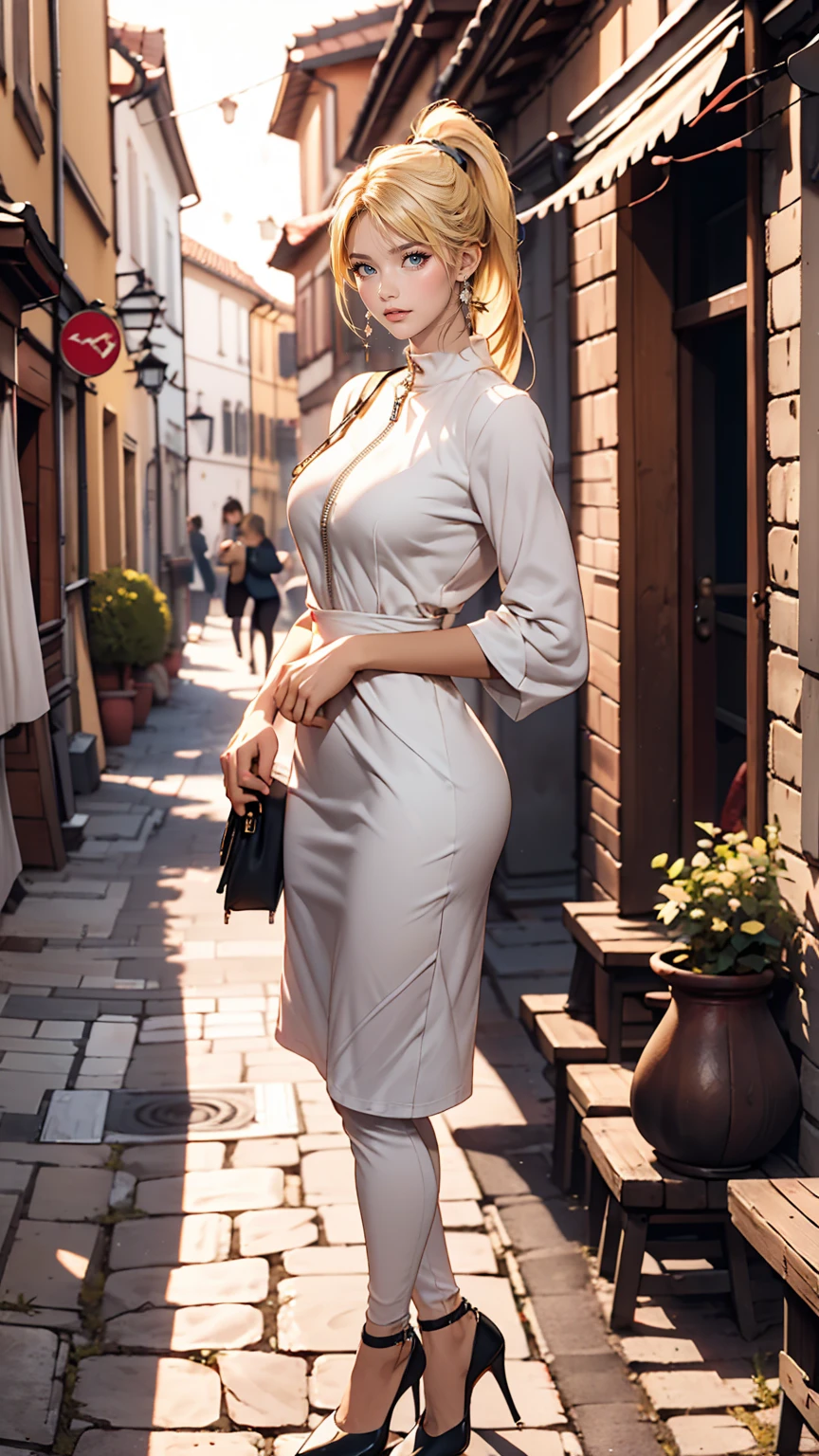 A 22-year-old extremely beautiful white woman、Supermodel proportions、Hair color blonde、blue eyeedium Hair、Straight Hair、Split Ponytail((split ponytail))、Wear a high-neck zipper-up dress、Large chest、Narrow waist、Wear leggings、Wear high heels、In a cobblestone alley of the old town、smile