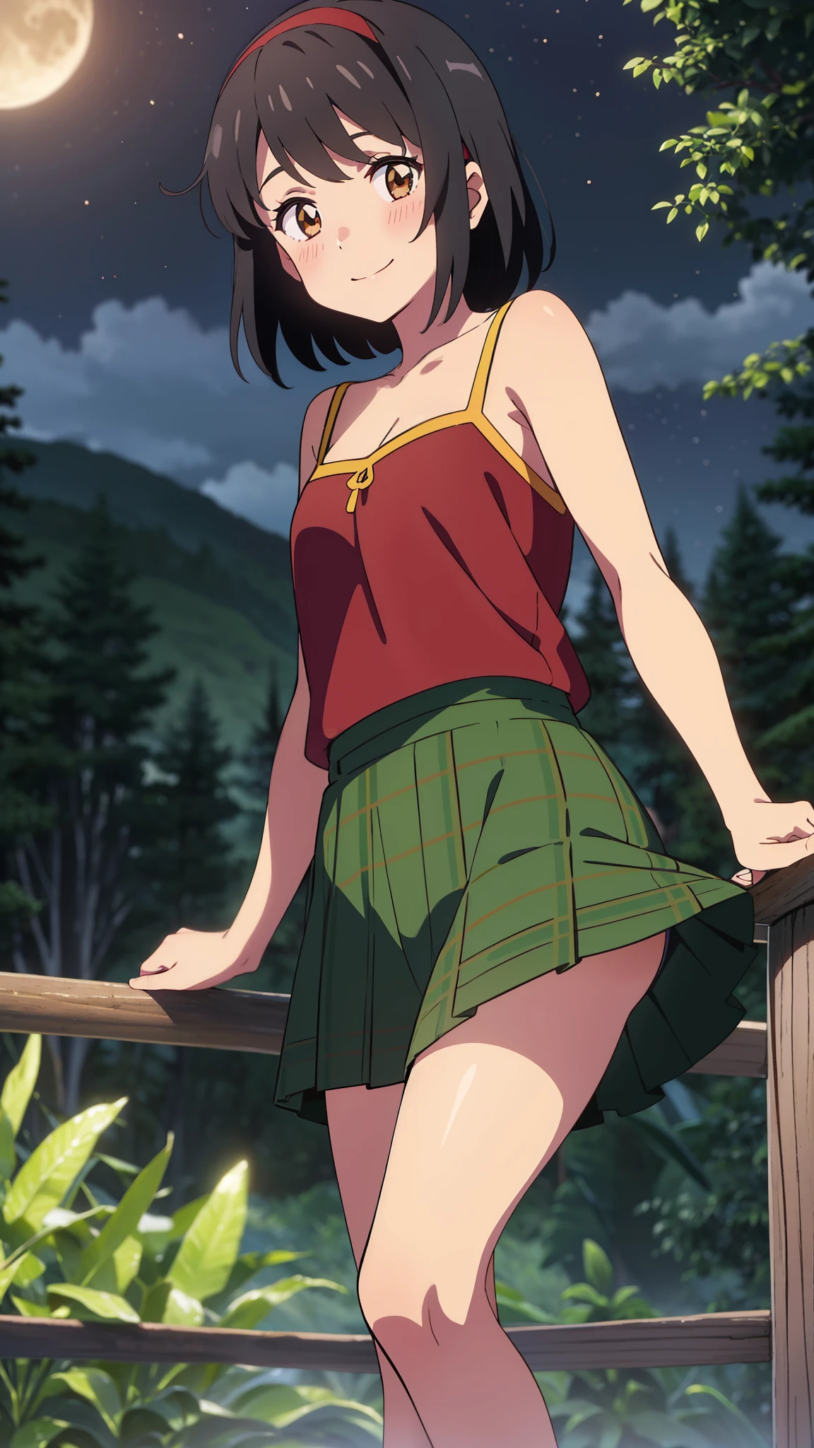 shinkai makoto, kimi no na wa., 1girl, bangs, black hair, blush, brown eyes, shinny skin, red headband, red bow, red ribbon, green camisole, green skirt, plaid skirt, bare shoulders, bare-legged, short hair, smile, cute, solo, happy, Rainforest background, in the forest, night, night sky