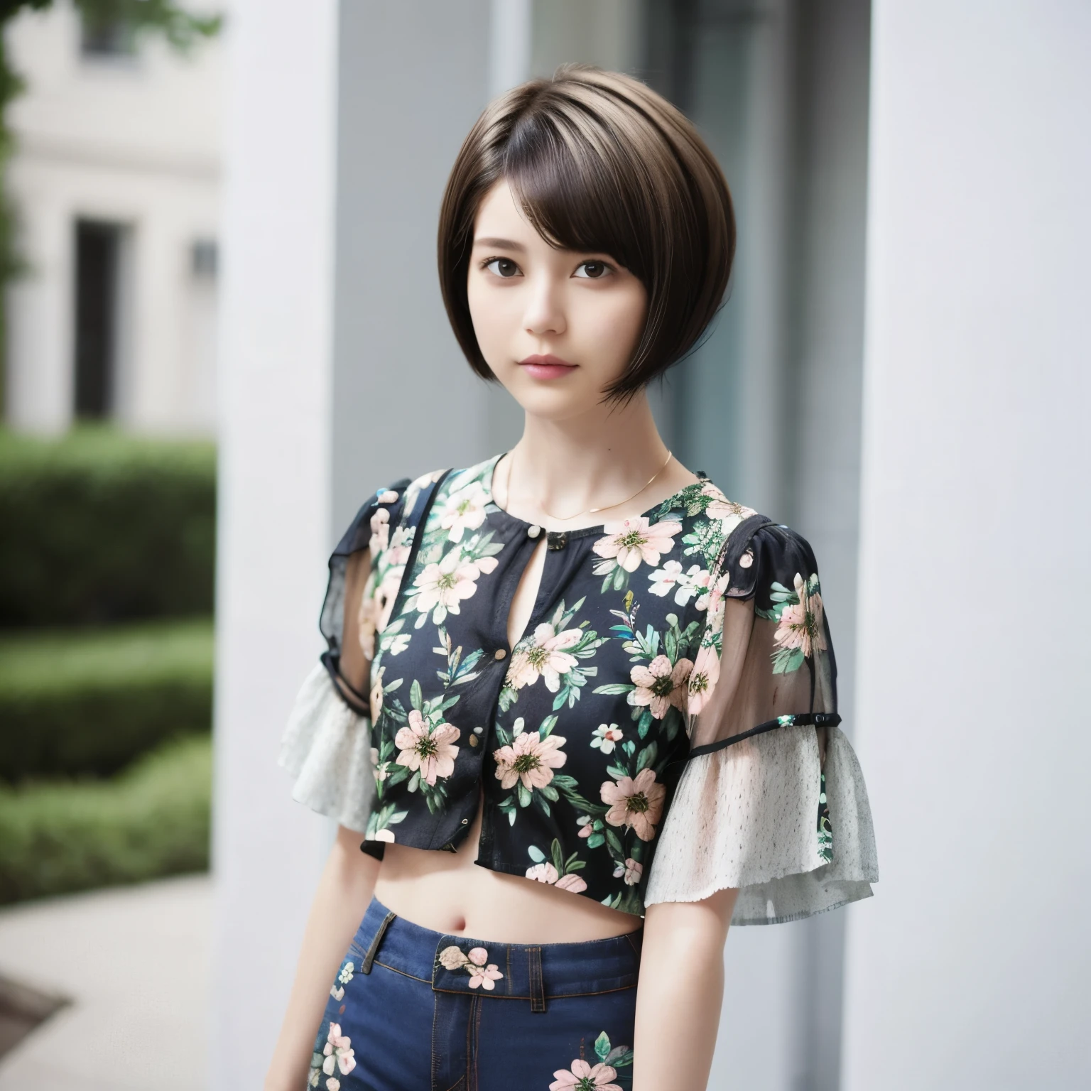 229 (18-year-old female,Floral clothes), ((short hair:1.46)), (Pants Style)
