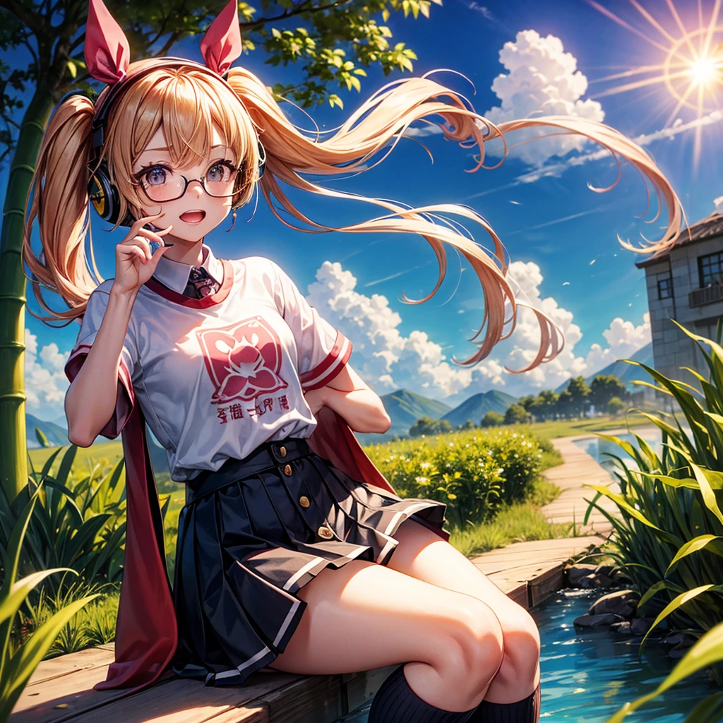 Pink Blue Gold Golden Hair、Golden Eyes、One good looking girl、Twin tails、solo、anime、Checkered mini skirt、The skirt has buttons、Red T-shirt、China、Cape、Black knee-high socks、Wearing headphones、Wearing a ribbon、Ribbon on waist、Tilting face、Teeth are visible、Sunset sky、Water Mountain、Piercing the clouds、Contrail、Tinted Glasses、tree、Touching your face、lotus leaves、canal、Cumulonimbus、bamboo forest、Prone