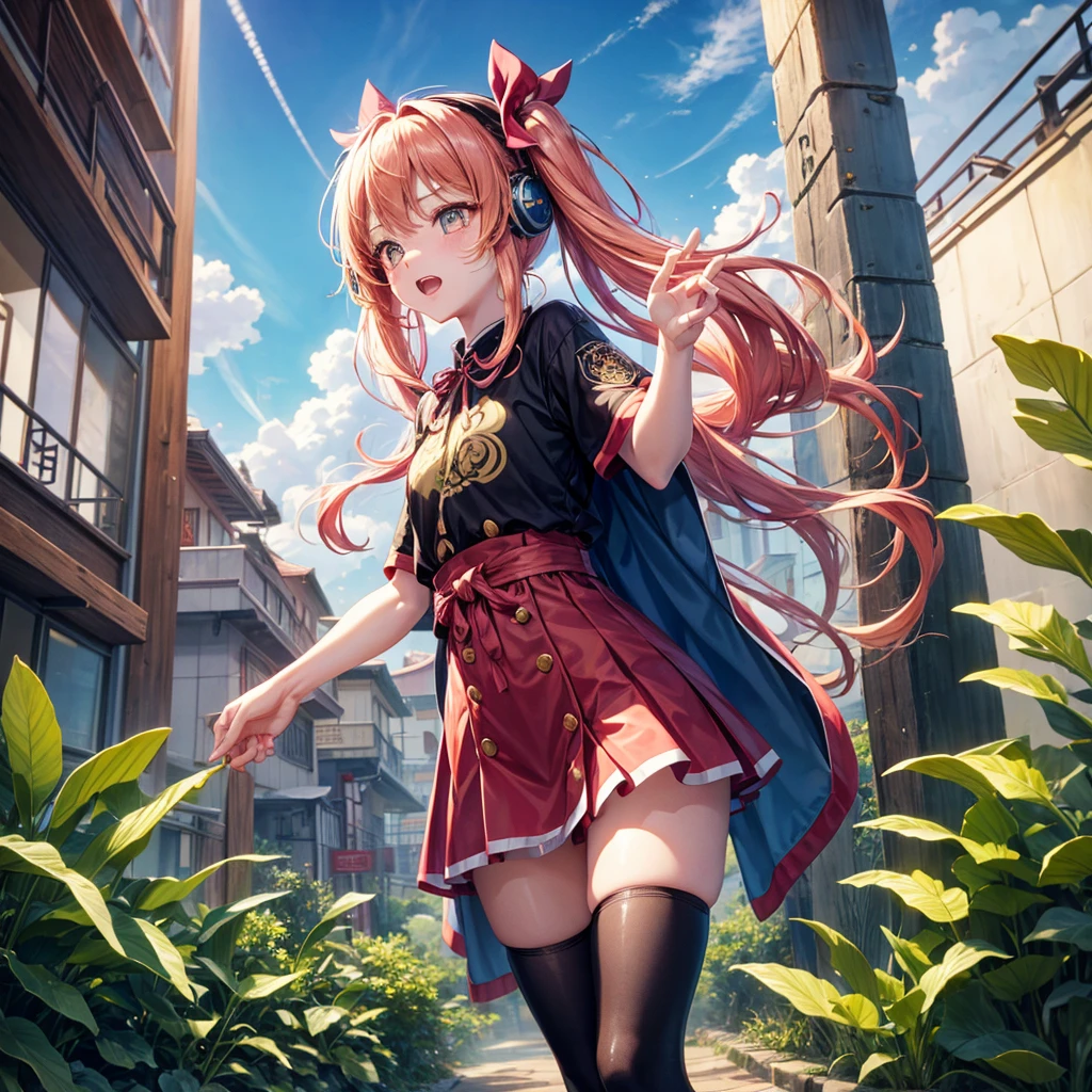 Pink Blue Gold Golden Hair、Golden Eyes、One good looking girl、Twin tails、solo、anime、Checkered mini skirt、The skirt has buttons、Red T-shirt、China、Cape、Black knee-high socks、Wearing headphones、Wearing a ribbon、Ribbon on waist、Tilting face、Teeth are visible、Sunset sky、Water Mountain、Piercing the clouds、Contrail、Tinted Glasses、tree、Touching your face、lotus leaves、canal、Cumulonimbus、bamboo forest、Prone