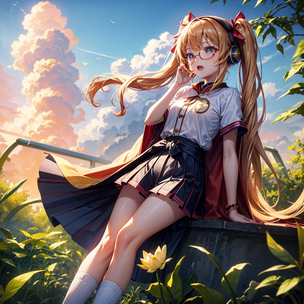 Pink Blue Gold Golden Hair、Golden Eyes、One good looking girl、Twin tails、solo、anime、Checkered mini skirt、The skirt has buttons、Red T-shirt、China、Cape、Black knee-high socks、Wearing headphones、Wearing a ribbon、Ribbon on waist、Tilting face、Teeth are visible、Sunset sky、Water Mountain、Piercing the clouds、Contrail、Tinted Glasses、tree、Touching your face、lotus leaves、canal、Cumulonimbus、bamboo forest、Prone