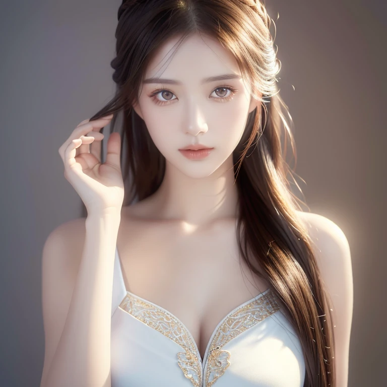 1girl, beautiful russian woman, light brown hair, clear skin, narrow waist, masterpiece SLR photo, attention to detail, perfect proportions, soft-looking bust with cleavage, (best quality,4k,8k,highres,masterpiece:1.2),ultra-detailed,(realistic,photorealistic,photo-realistic:1.37),portraits,cinematic lighting,(intricate details:1.2),(vivid colors:1.2),(natural skin texture:1.1),(elegant pose:1.1),(serene expression:1.1),(soft focus background:1.1),(rough long hairstyle:1.2),sexy clothes