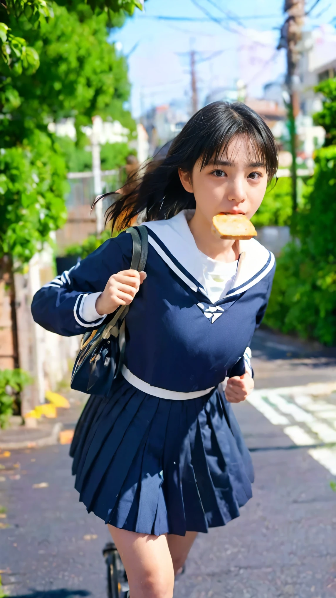 A high school girl wearing a navy blue sailor suit、Ride a bike and hurry。
A white uniform with blue lines on the collar and cuffs。
Her medium-length black hair is tousled by the wind.、Some parts of my face or forehead are stuck to my skin due to sweat.。
Her big eyes are filled with anxiety and tension、Sweat on the face and forehead。
A piece of bread was tightly held in the corner of his mouth.、The corners of the bread stick out noticeably.。
Her cheeks turned red、It&#39;s clear they&#39;re in a hurry。
She rides a silver city bike、I&#39;m holding the handlebars tightly and pedaling with all my might.。
Riding a bicycle in a forward leaning position、The sense of speed as if cutting through the wind is conveyed.。
Her hair and uniform skirt fluttered in the wind、A black shoulder bag is hanging from his back.。
In the background、A typical Japanese residential area spreads out、A little old house々and green trees々、Flowers can be seen on both sides of the road.。
The sky is blue、Some birds are flying、The morning sun shines in and the shadows grow long。
At the end of the road, I could see the slightly blurred school gate.、Several other students can be seen walking to school.。