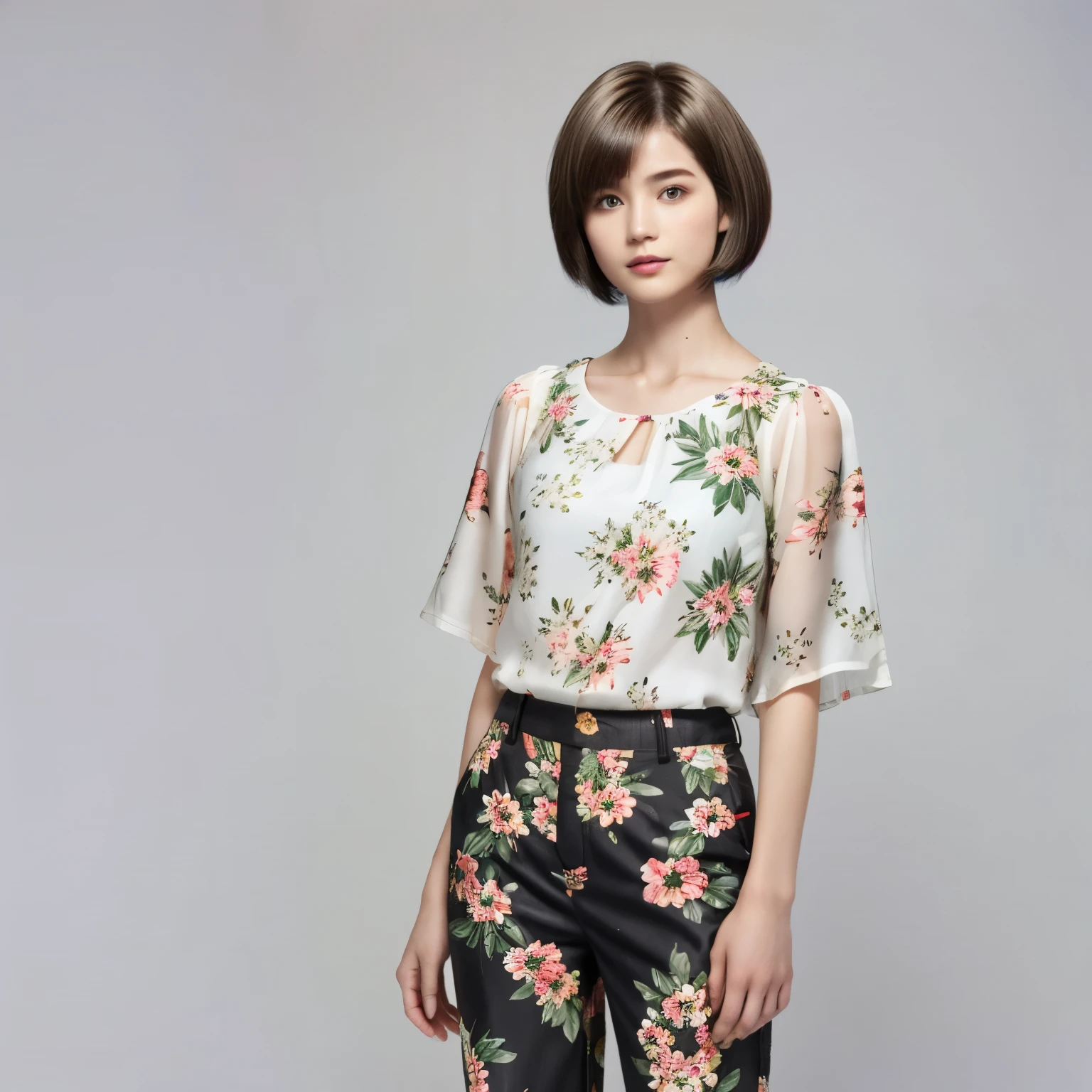 229 (18-year-old female,Floral clothes),  ((short hair:1.46)),  (Pants Style)