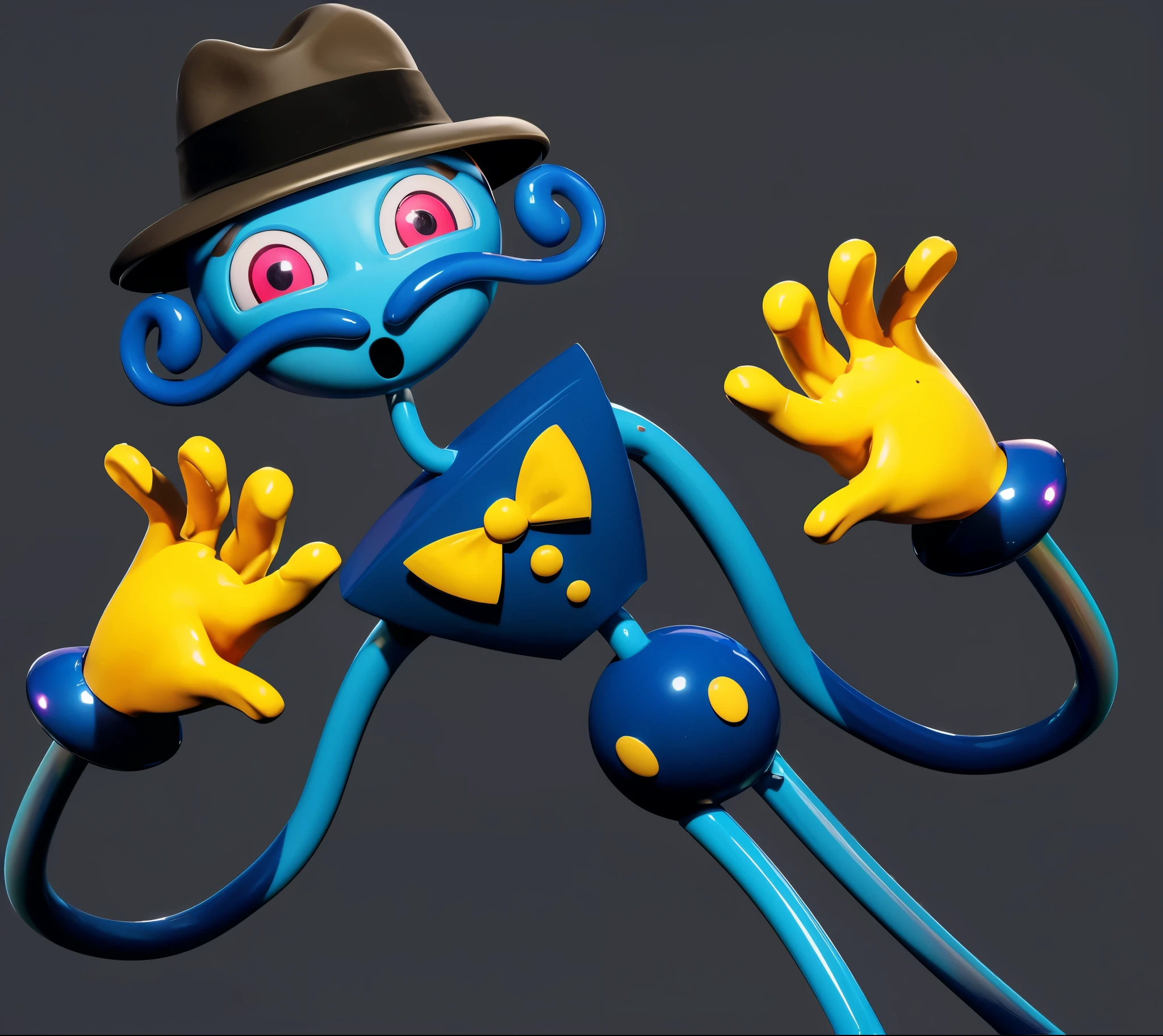 A blue character with a hat, a sad face, and a yellow bow tie is standing in front of a purple door. It has two golden loops around its body. there is a blue-orange daddy long legs in a hat and a yellow rope, iconic character with high detail, 2 d illustration, 2D illustration, stylized digital illustration, mobile game art, in the elevator, Digital illustration -, Game illustration, mobile game background, 2d digital illustration, evil. bright colors. Cute, blue daddy long legs toy, glossy texture, smooth 3d model, (glossy plastic texture with multiple big light probe refractions), perfect cgi, smooth silhouette, high intensity refraction, (super glossy material), most beautiful vfx , blue background, plastic refractions, realistic, 4k, high resolution, rim light, photo shoot, commercial photo, profile shot, 4k, rim light, high resolution, 4k, glossy texture, smooth 3d model, multiple light sources, rim light, sharp post effects render, (glossy metallic texture with multiple big light probe refractions), perfect cgi, cgi art created only with gradients, smooth silhouette, high intensity refraction, (super glossy chrome material), most beautiful vfx, blue background, chrome metal refractions, multiple light sources, rim light, sharp post effects render, perfect cgi, digital art, detailed digital art, reflective, best quality, 4k, masterpiece:1.2, ultra-detailed, realistic, vivid colors, dark and moody lighting, The image of the highest quality, ensuring every detail is showcased perfectly. It in 4k resolution, allowing viewers to immerse themselves in the richness of the colors and intricate details. The realistic rendering. under the spotlight, reflecting, high-resolution image, realistic rendering, dark background, and rim light photorealistic The image features three characters standing in front of three houses. The characters are a red-haired mermaid, a purple cat, and an orange dog. They are each holding a yellow maraca