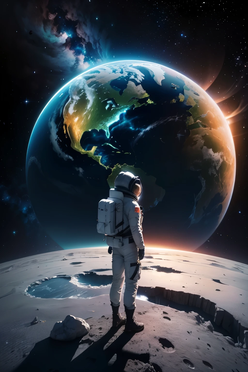 Create a breathtaking scene of an astronaut standing on the surface of the moon. The astronaut is gazing at Earth, which is visible in the distance. The Earth appears vibrant and full of life, with its continents and oceans clearly visible. Beyond the Earth, the cosmos is filled with colorful galaxies, swirling in a variety of hues, adding depth and wonder to the scene. The overall composition should evoke a sense of awe and the vastness of space."
Key Elements:
Astronaut standing on the moon's surface
Earth visible in the distance from the moon
Colorful galaxies behind Earth
Sense of vastness and awe
Additional Details:
Moon surface should have a realistic texture
Earth should be detailed with visible continents and oceans
Galaxies should be vibrant and diverse in color
The scene should convey a sense of wonder and exploration