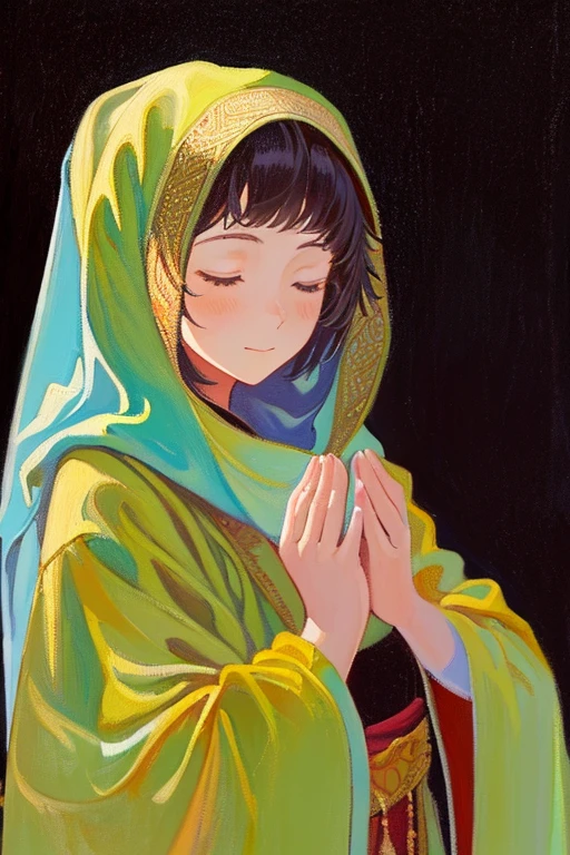 (girl oil Painting:1.3), Impasto, Tenebrism, realistic, fine nib, Mixed media, 4k, highly detailed, (religious art style:1.3), 1girl, solo, simple background, long sleeves, closed mouth, closed eyes, upper body, own hands together, black background, veil,  robe, Martyr’s  dress, praying, Captivating, female focus