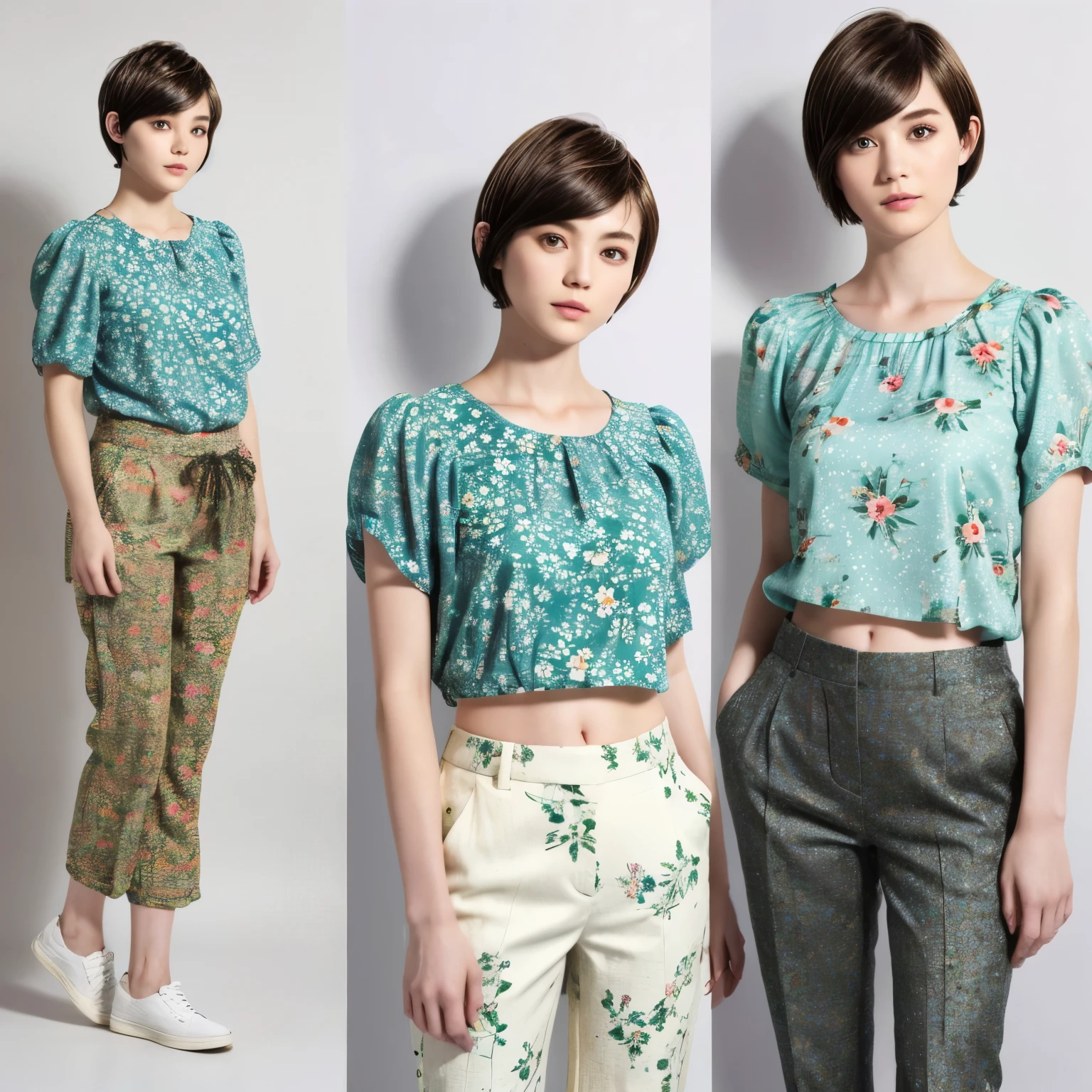 230 (18-year-old female,Floral clothes), ((short hair:1.46)), (Pants Style), (A kind smile)