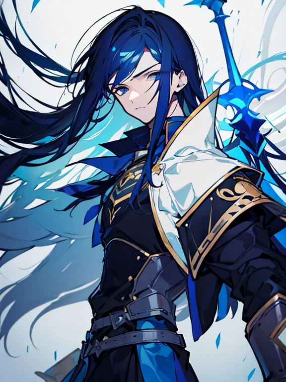 Paladin, serious gaze, (Long straight hair), , Dark blue hair, blue eyes,19-year-old male